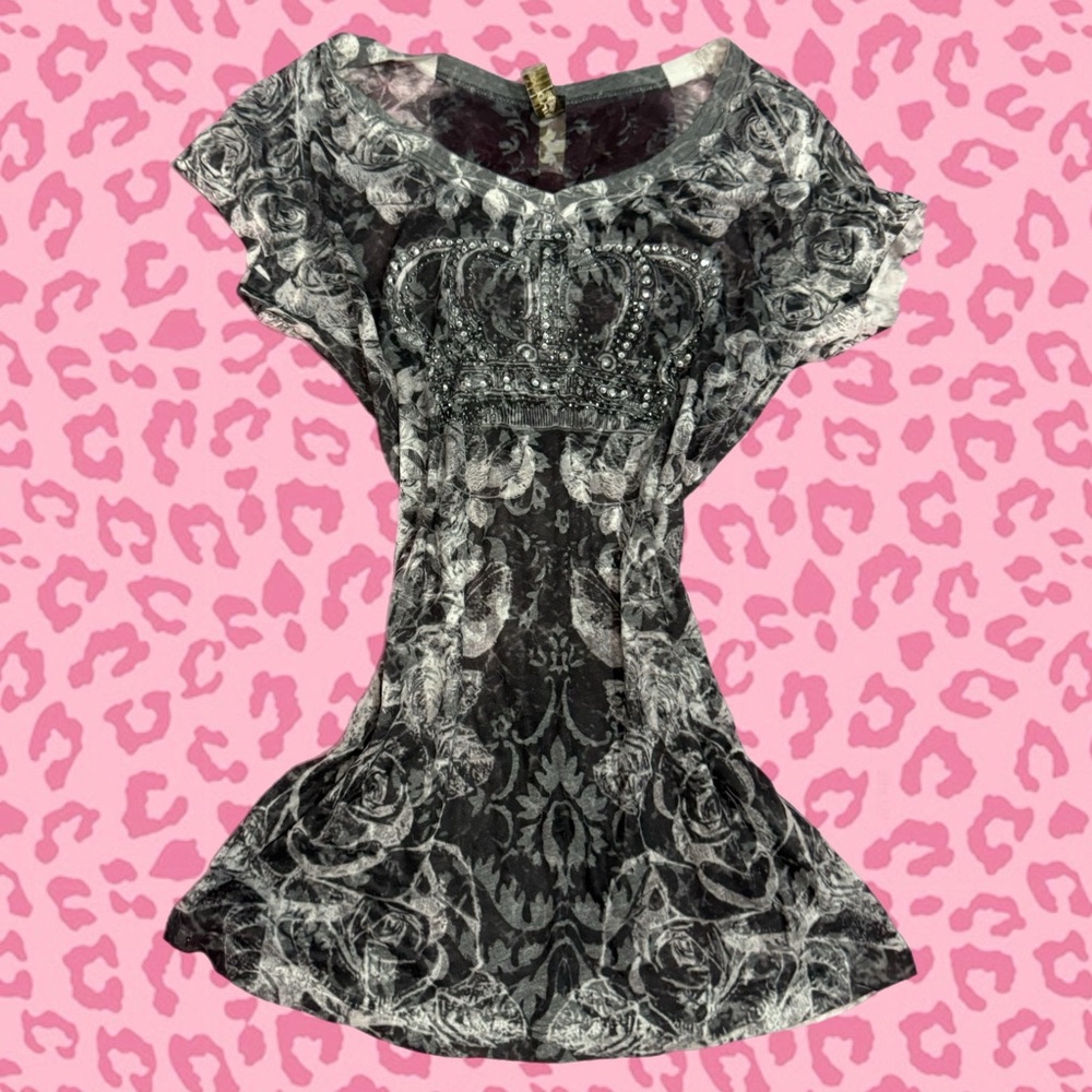 Sheer Y2K Punk Short Sleeve Black & Gray Rose Print Rhinestone Crown Tunic